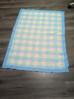 Pastel Check Baby Blanket - Light Blue Satin Border. Vintage. Nostalgia. 48x34.